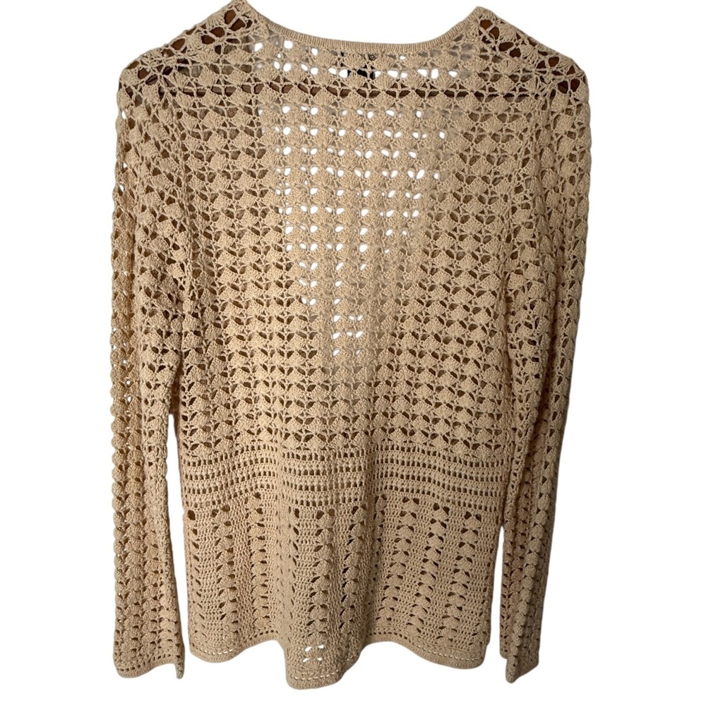 Eddie Bauer Women Beige Hand Crocheted Linen Cotton Cardigan Sweater Size L Boho - Picture 2 of 9